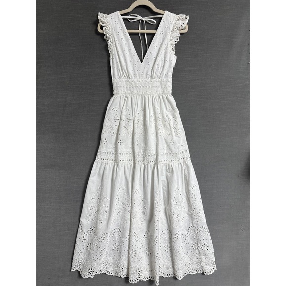 Intermix Dress 00 White Eyelet Lace Midi Cotton V Neck Boho Summer Sundress - Picture 1 of 13